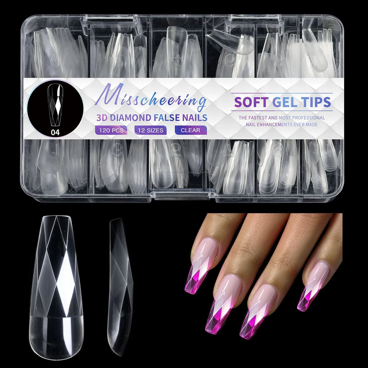 Pack of clear glitter nail extension tips showing 3D diamond design in various colours.