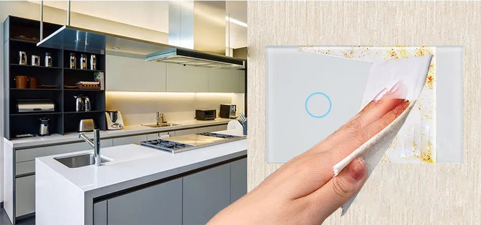 White 2-gang RF remote touch light switch with tempered glass panel and LED indicators
