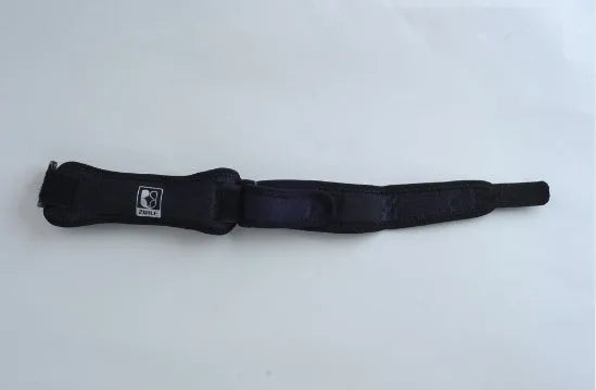 Black adjustable patella support band with sponge pad and plastic buckle for adults
