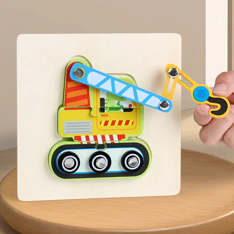 Children wooden traffic puzzle toy 14.8cm in bulldozer design for infants aged 0-3