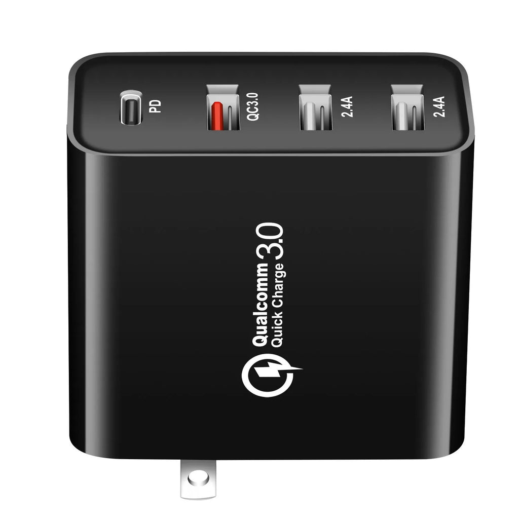 Black 48W USB-C wall charger with four Type-C ports and a UK 3-pin plug on a white background.