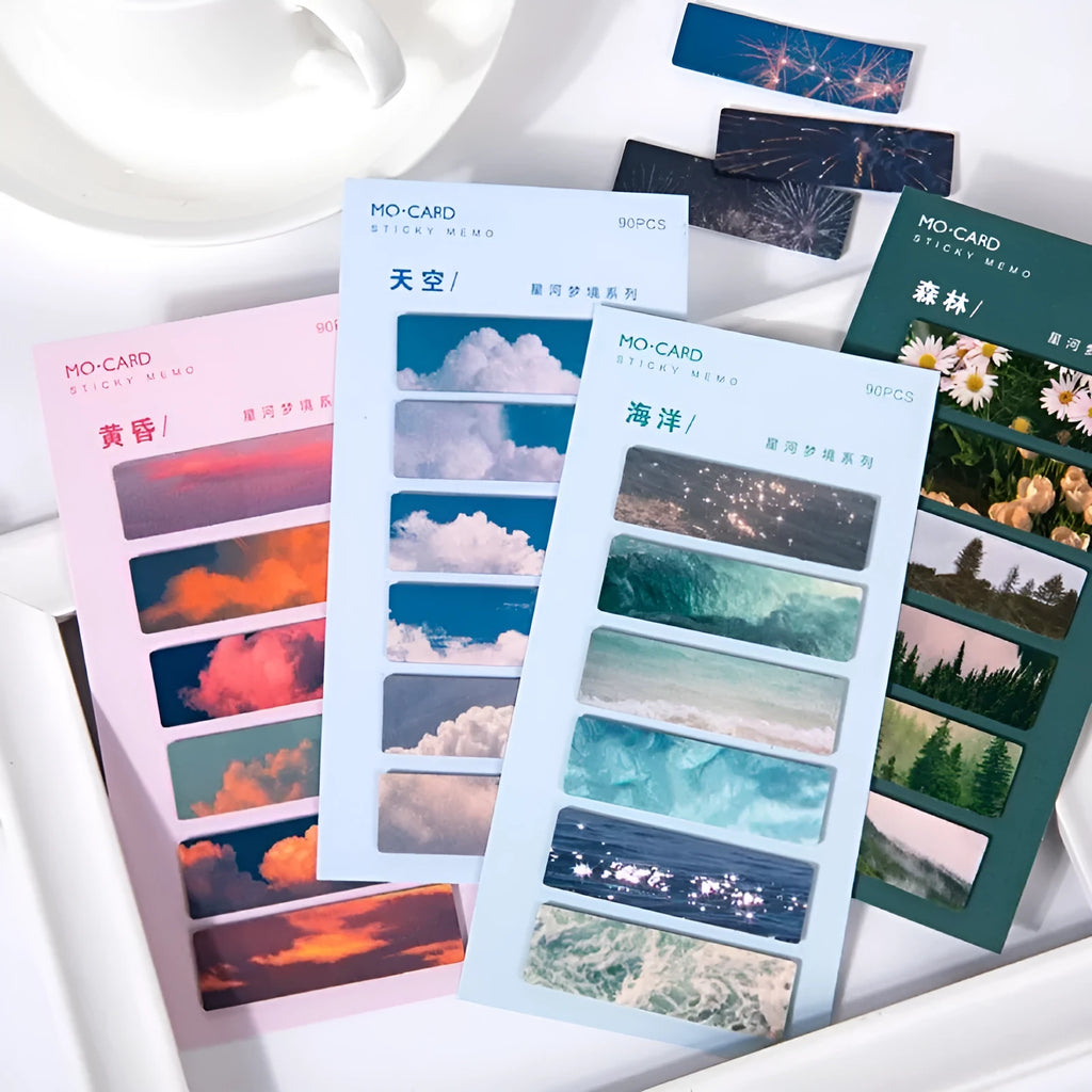 Pack of 90 night sky star index design pet marker post-it notes in six colours: dusk, forest, moon, ocean, petard, sky.