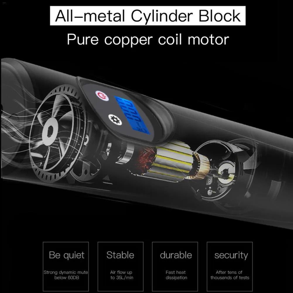 Portable electric air pump with digital gauge and LED light, 150PSI, black and gray design
