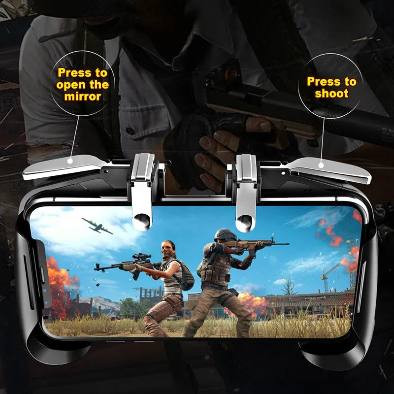 Telescopic mobile game controller clamped onto a smartphone, showing back buttons and audio port.