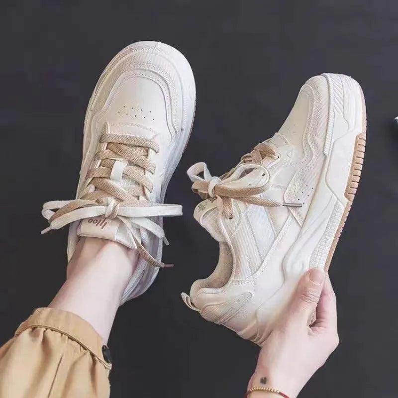 Beige and pink low-top rubber sneakers with height increasing soles for women