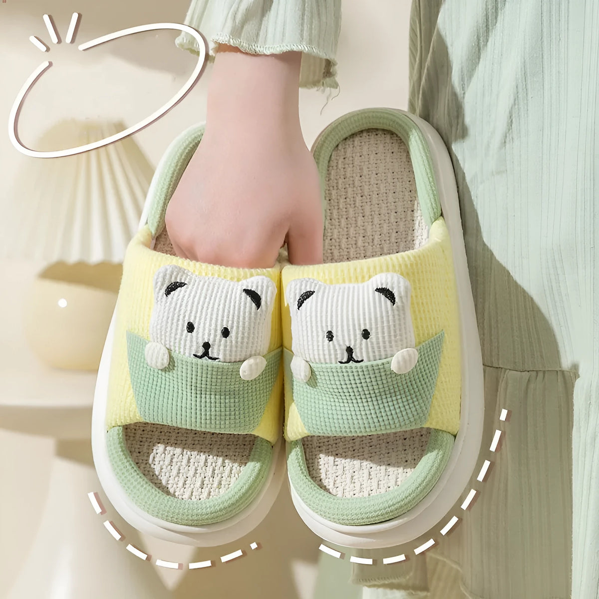 Cartoon bear women's house slippers with thick mute sole in blue, brown, green, pink, and yellow