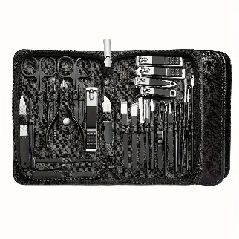 30-piece stainless steel nail beauty tool set in five colour options showing various manicure implements