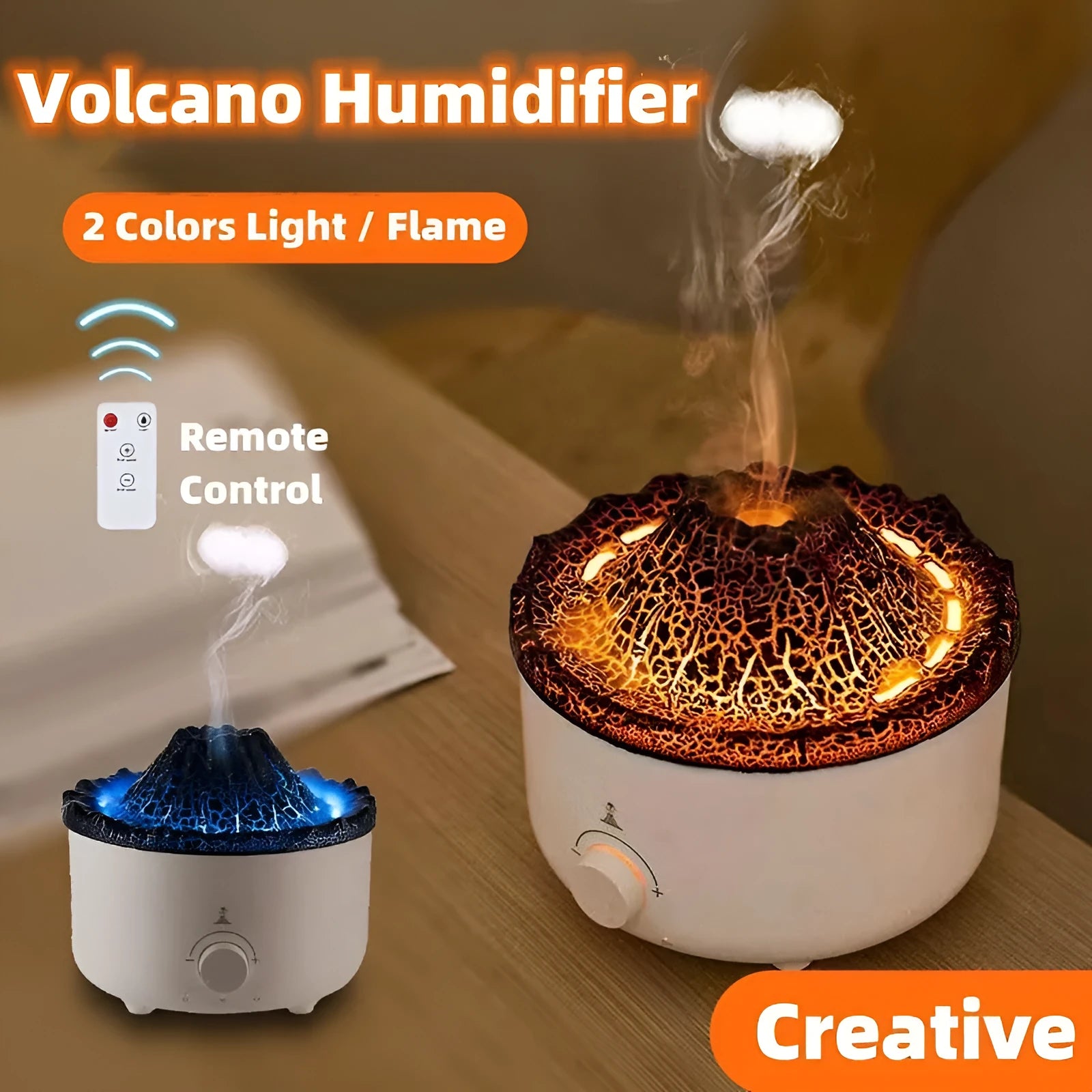 White simulated flame volcano humidifier with remote control showing orange and blue lighting effects