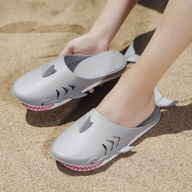 Shark PVC flat slippers for women and men in blue, size 40/41, side view