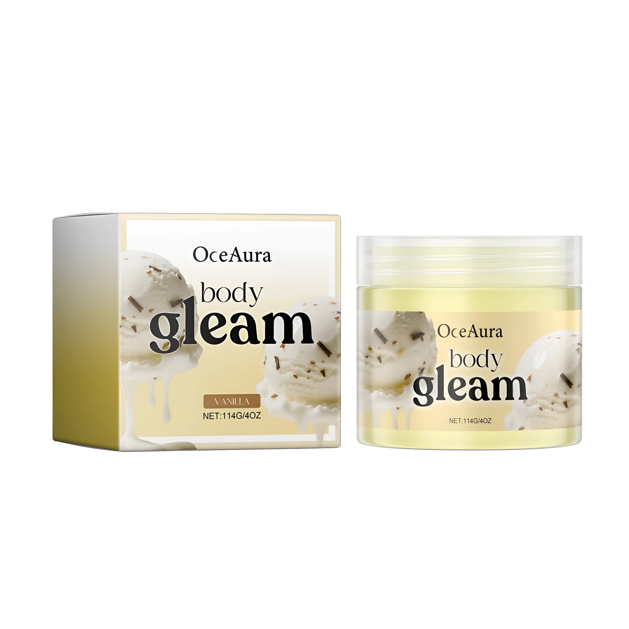 114g body butter moisturising cream tub with shea butter and vanilla extract on a white background