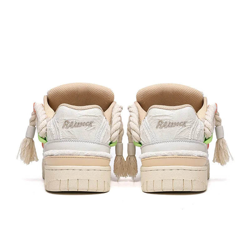 Creamy white retro skateboard shoes with old damage lace detailing and platform rubber sole
