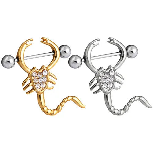 Gold scorpion belly ring with 316L medical steel bar and crystal diamond inlay on white background