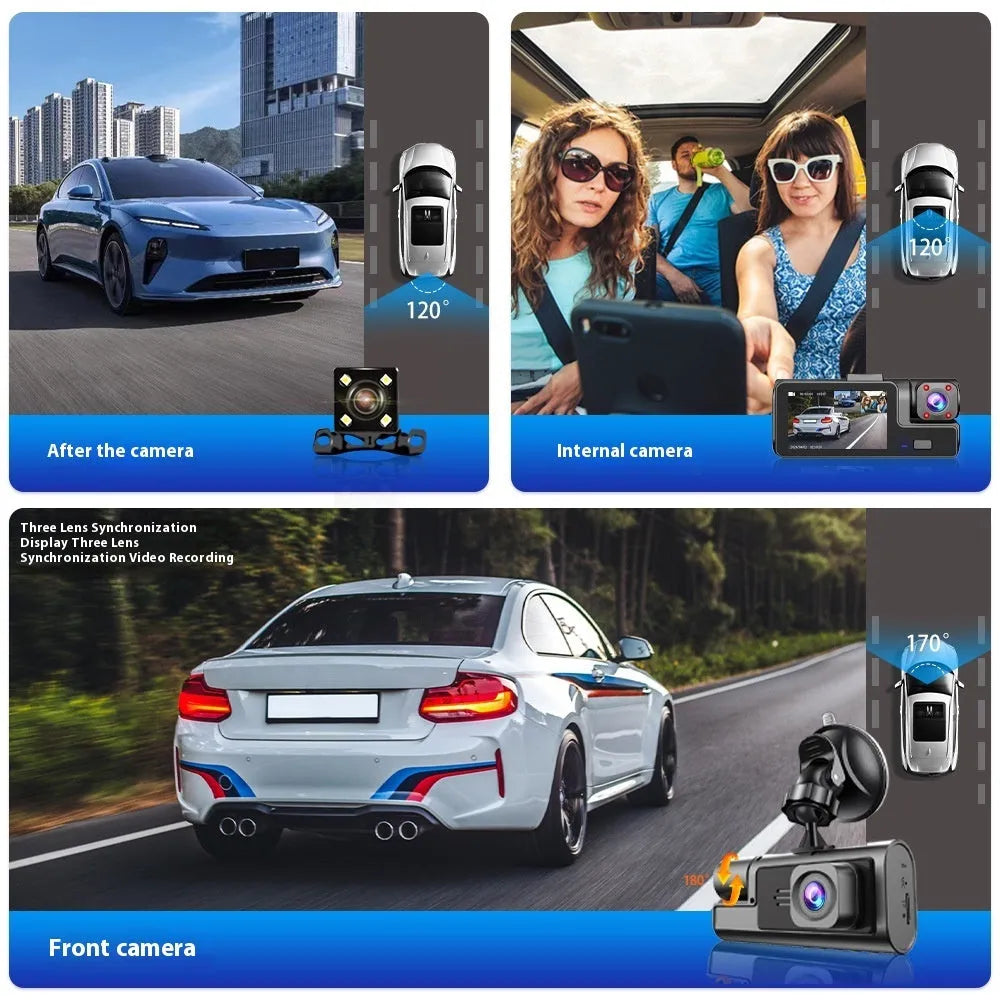 Black WiFi dash cam with 2-inch screen mounted on car windscreen, showing live rear camera view for parking.