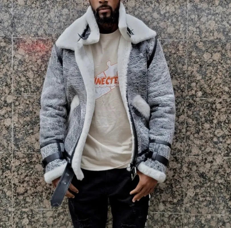 Men's grey polyester jacket with big fur collar, plus velvet thickening, loose fit, lapel collar and zip placket