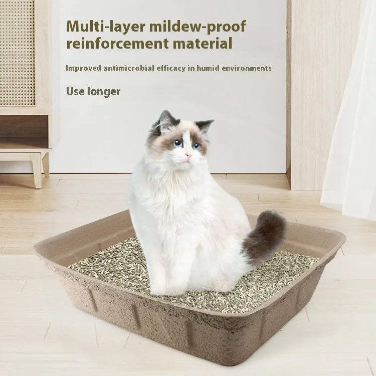Brown disposable cat litter box with waterproof lining showing three size options for small pets