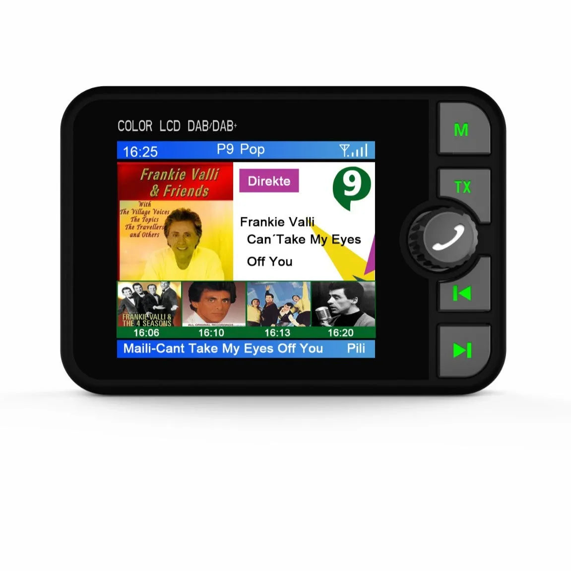 Black ABS car DAB digital receiver with 2.4-inch colour LED screen showing radio display