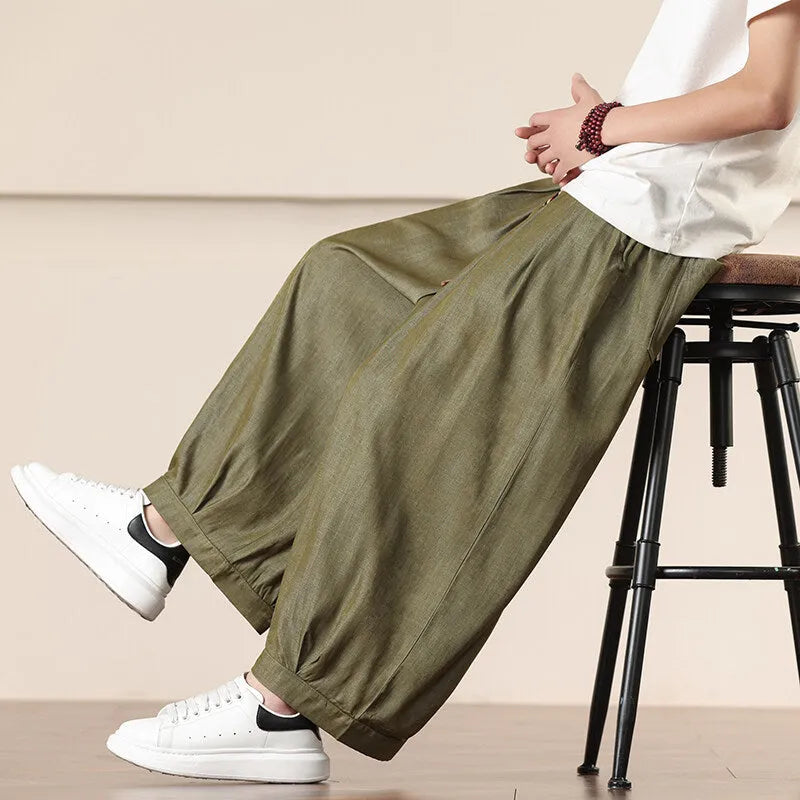 Men's retro straight-leg harem pants, cropped length, solid colour, chemical fibre blend, casual style