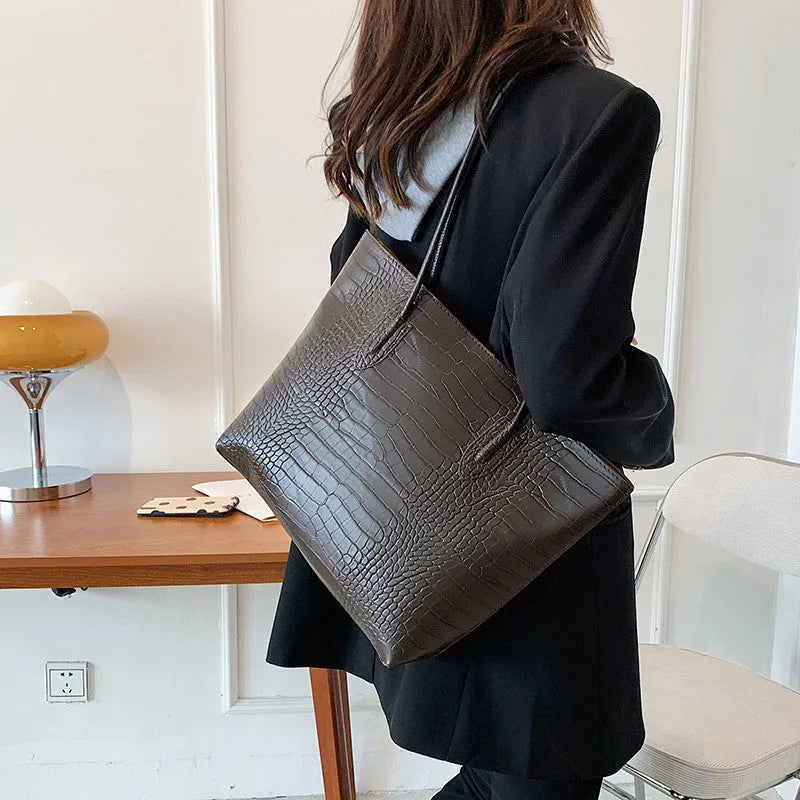 PU crocodile pattern shoulder messenger bag in brown with double connector strap, square vertical shape, and rhombus element