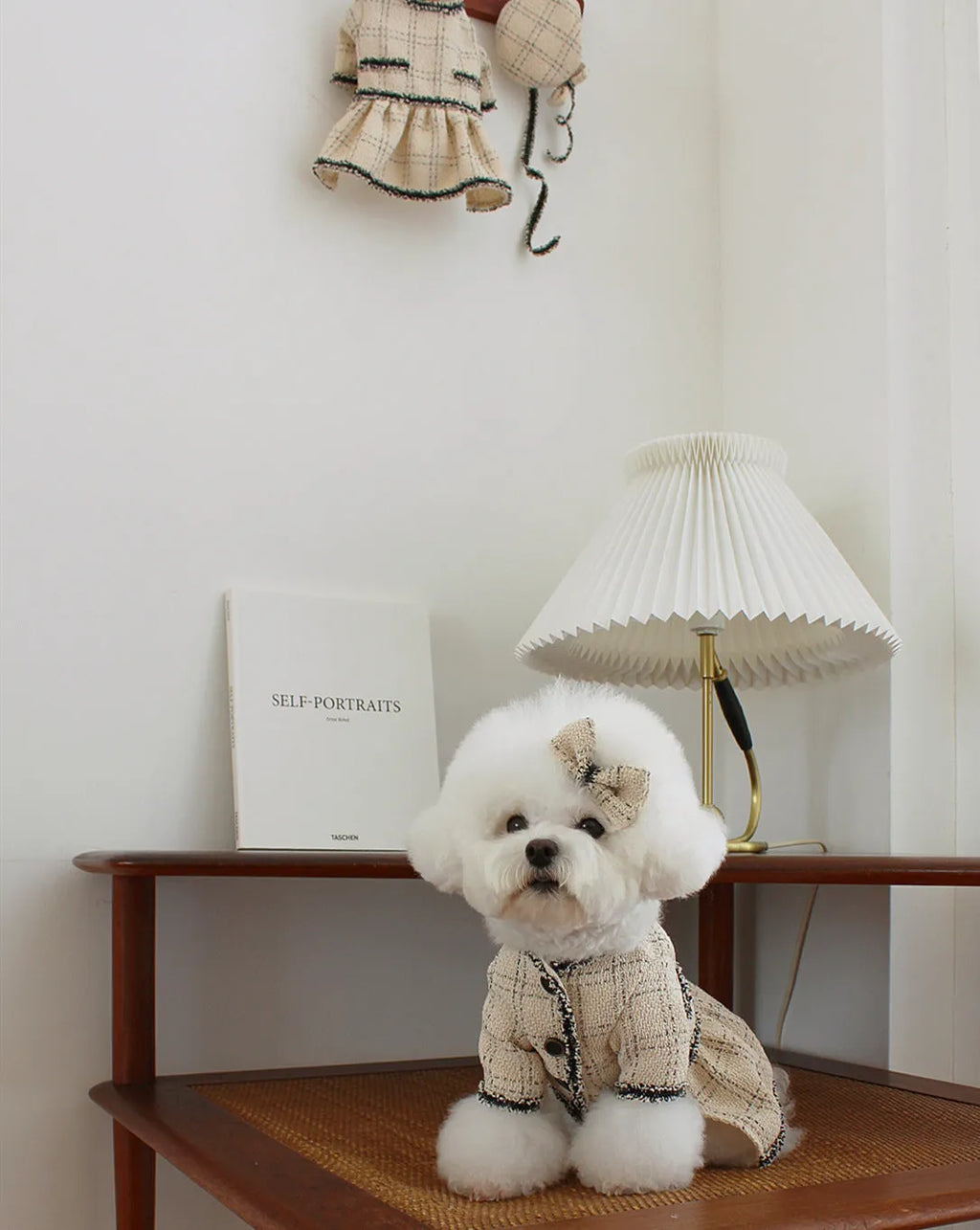 Beige cotton pet princess skirt with matching hairpin, available in XS to 2XL sizes for dogs and cats