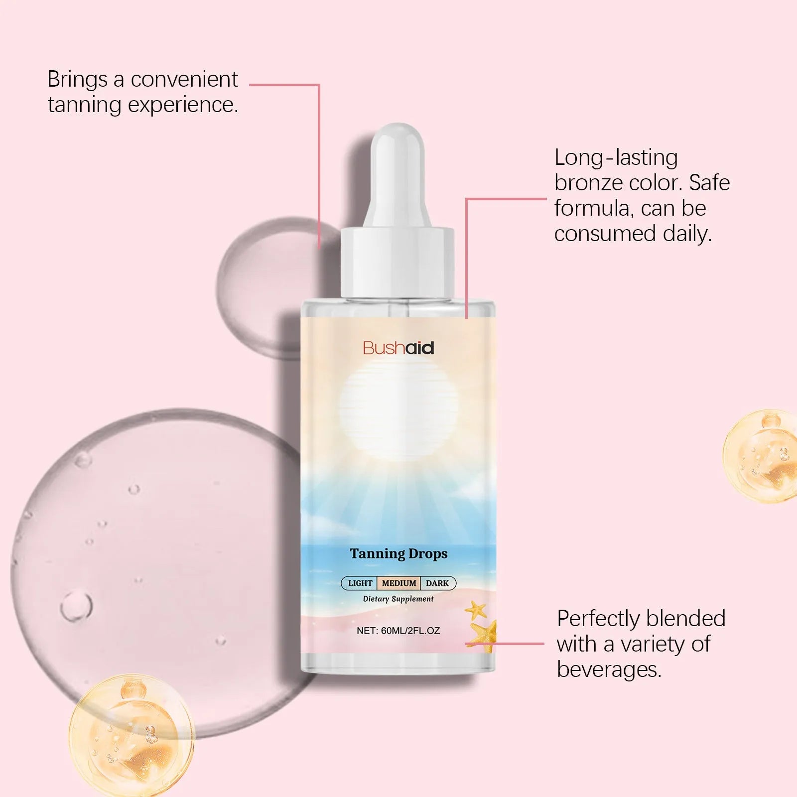 60ml bottle of tanning drops for face and body self-tanning without sunlight