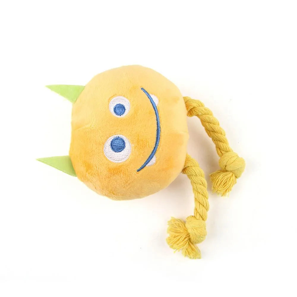 Blue cotton rope dog squeaky toy with strong knot design and cartoon animal shape