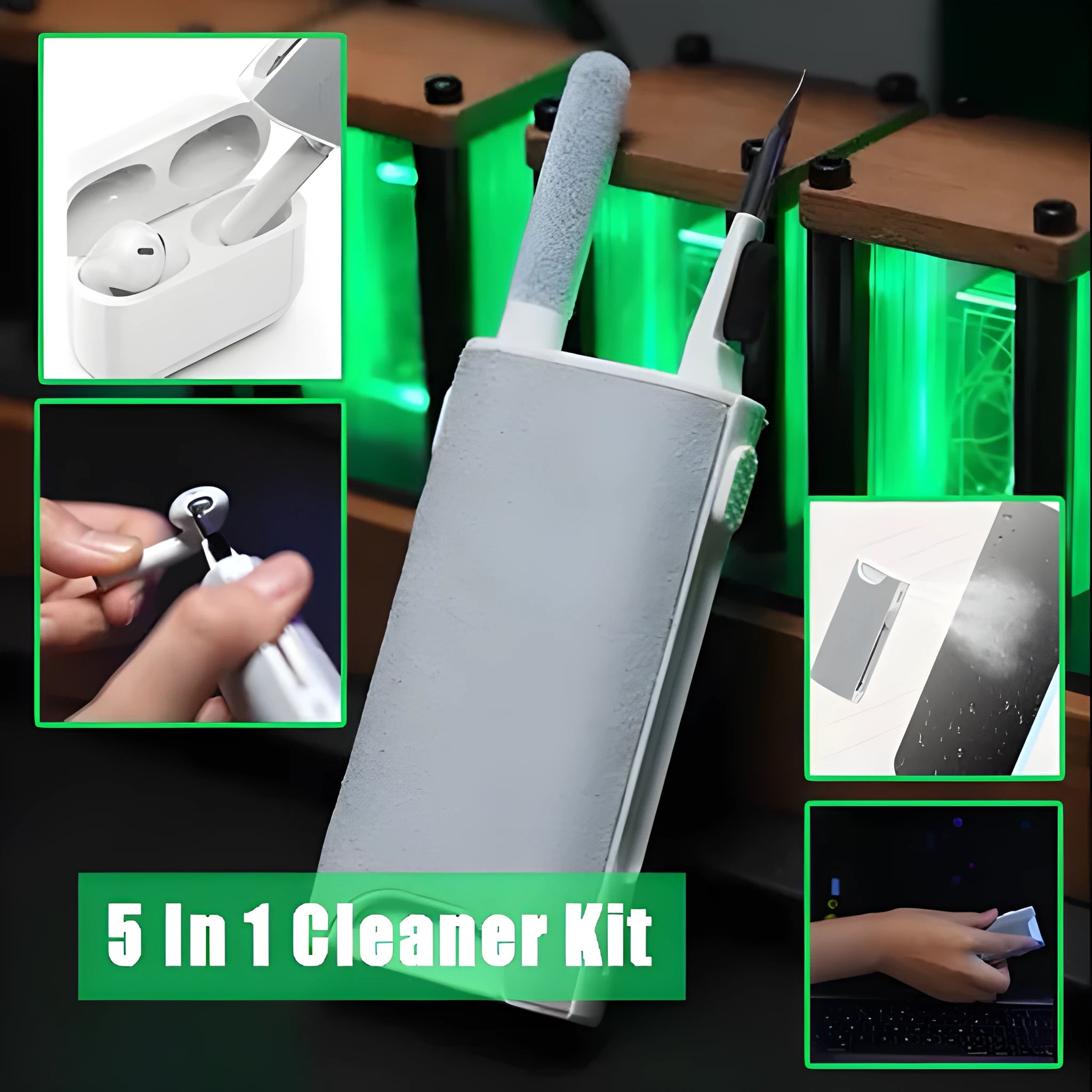 5-in-1 digital device cleaning kit with flocking sponge, brush, and metal tip for screens and earphones