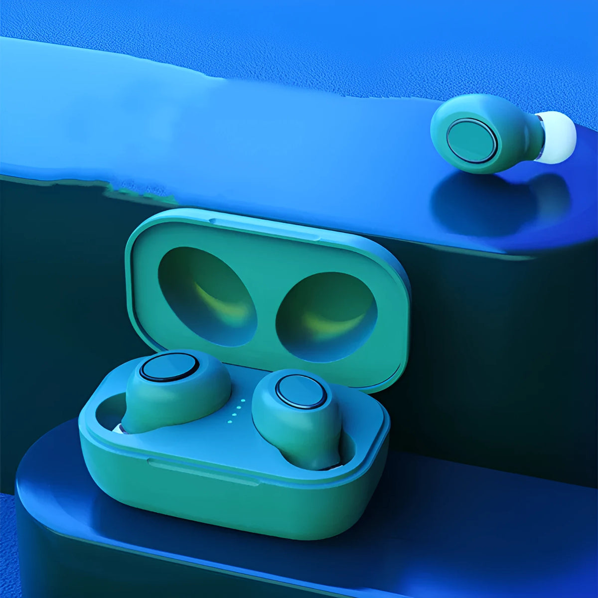 TWS in-ear Bluetooth headset with 10m range, available in colours including black, white, pink, and green
