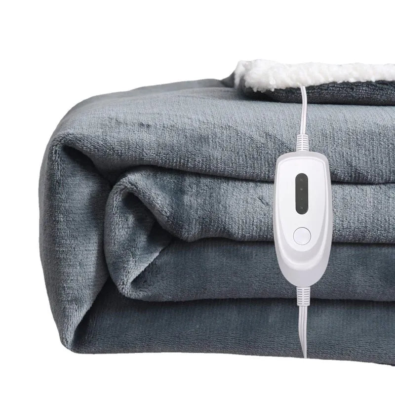 Grey and white flannel USB electric heating blanket with intelligent temperature control.