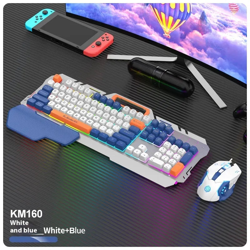 Blue wired gaming keyboard and mouse set with LED backlight on a desk