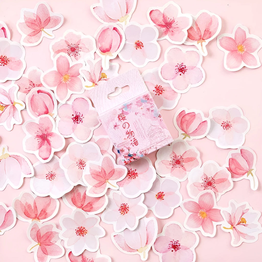Sakura Story romantic sticker DIY material, 45 self-adhesive paper sheets in pink watercolor design