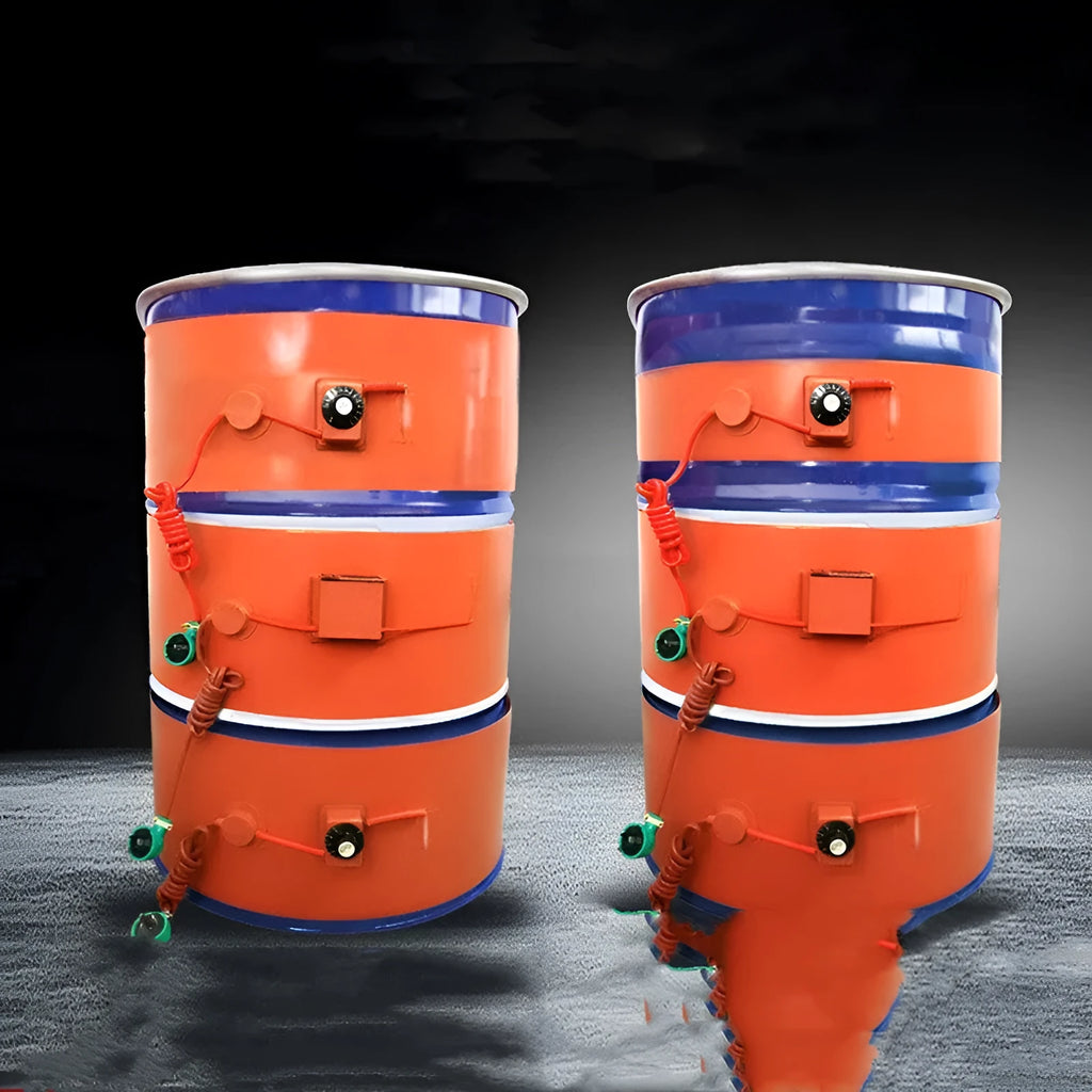 Silicone rubber heating belt wrapped around a 200-litre oil drum with digital control panel