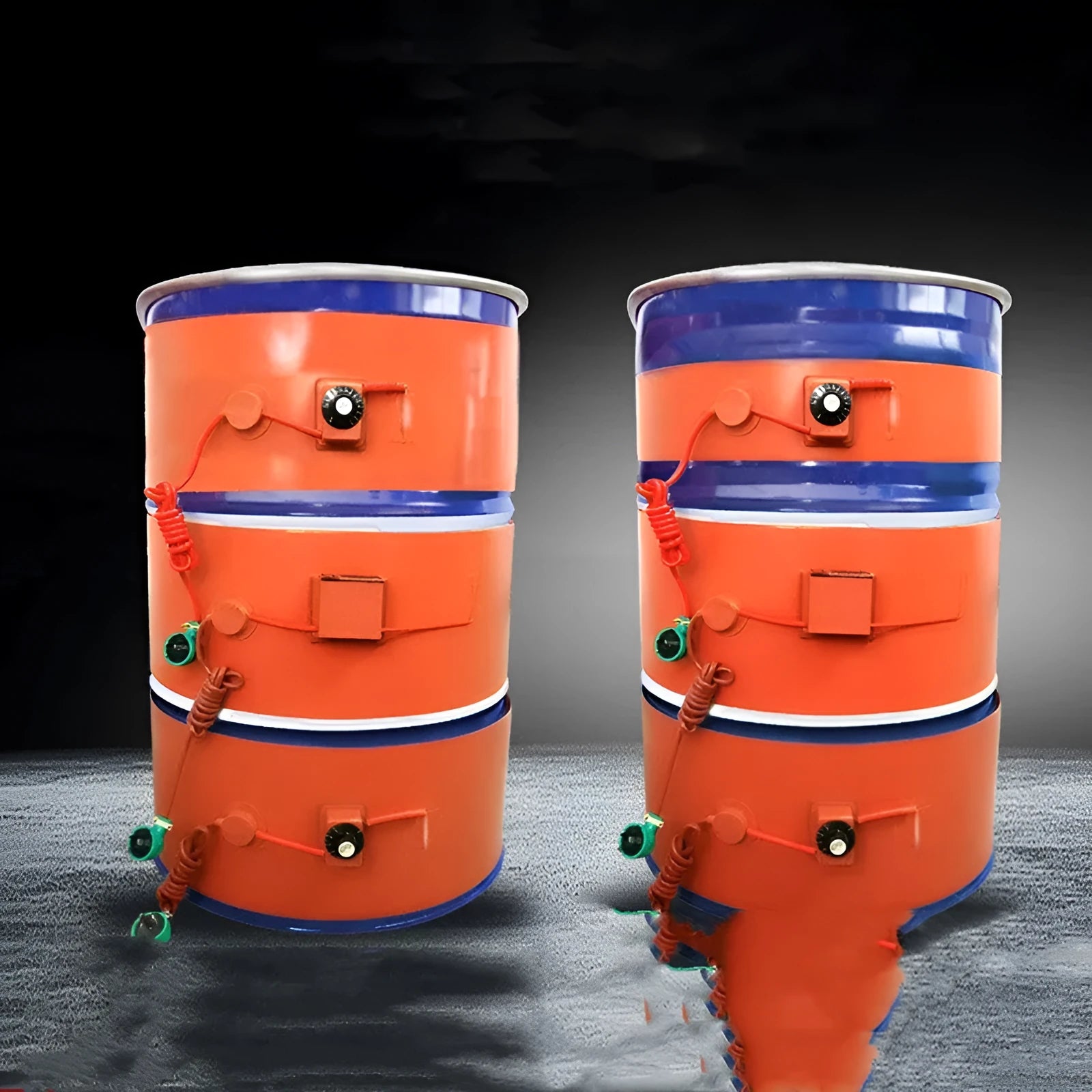 Silicone rubber heating belt wrapped around a 200-litre oil drum with digital control panel
