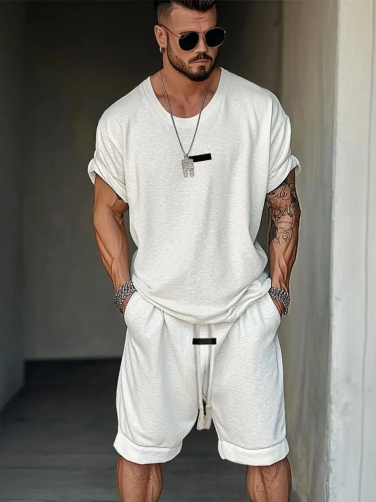 Men's mesh polyester T-shirt and shorts set with letter printing in hip hop style