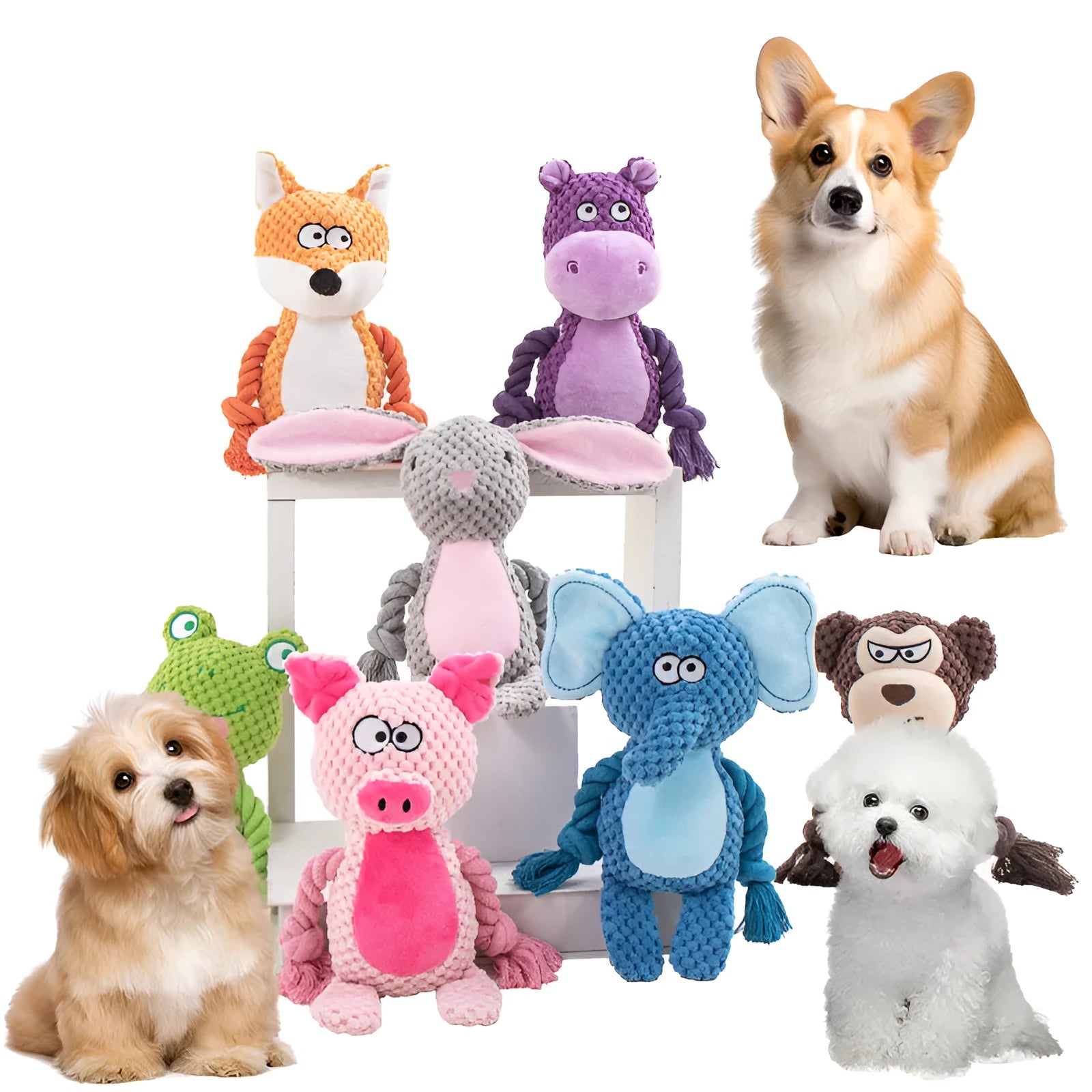 Plush animal dog toy with cotton rope core for tug of war games.