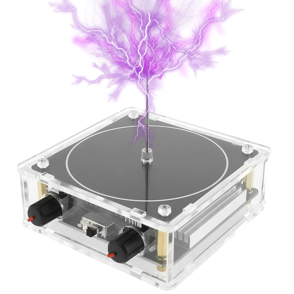Music Tesla Coil with adjustable lightning arc, Bluetooth loudspeaker, and compact desktop design