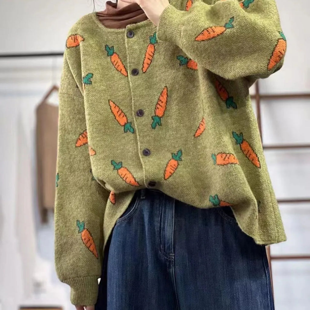 Grey loose cardigan with colourful Mori artistic printing and a round neck.