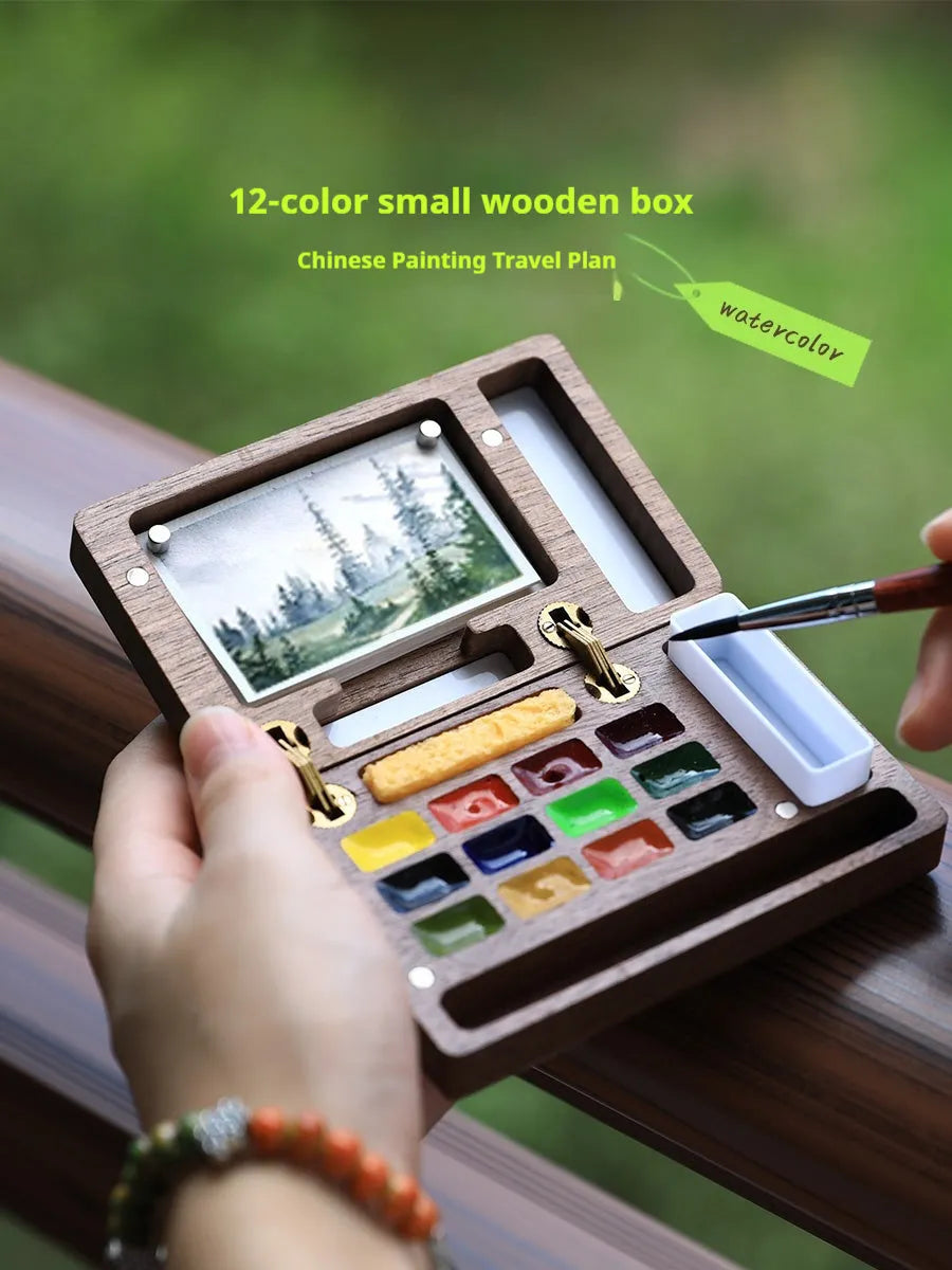 Miniature walnut wood watercolour paint box with a choice of paint suit colour lids.