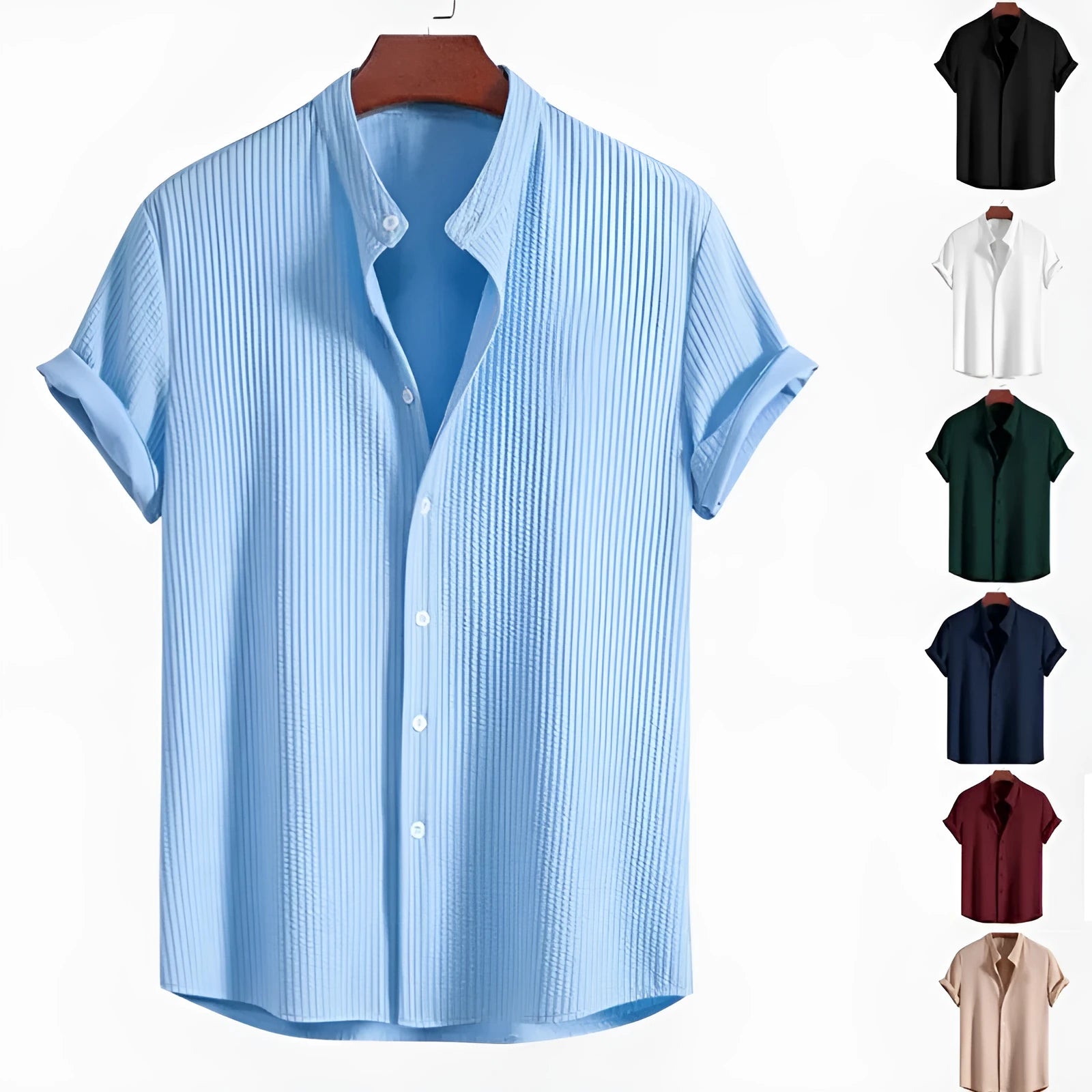 Men's loose fit short sleeve polyester shirt shown in a light blue colour on a hanger.