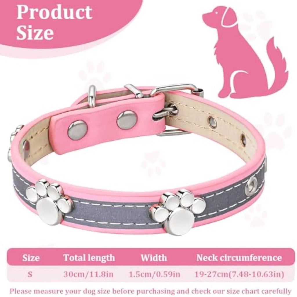 Reflective adjustable PU leather dog collar with metal buckle and decorative paw rivet.