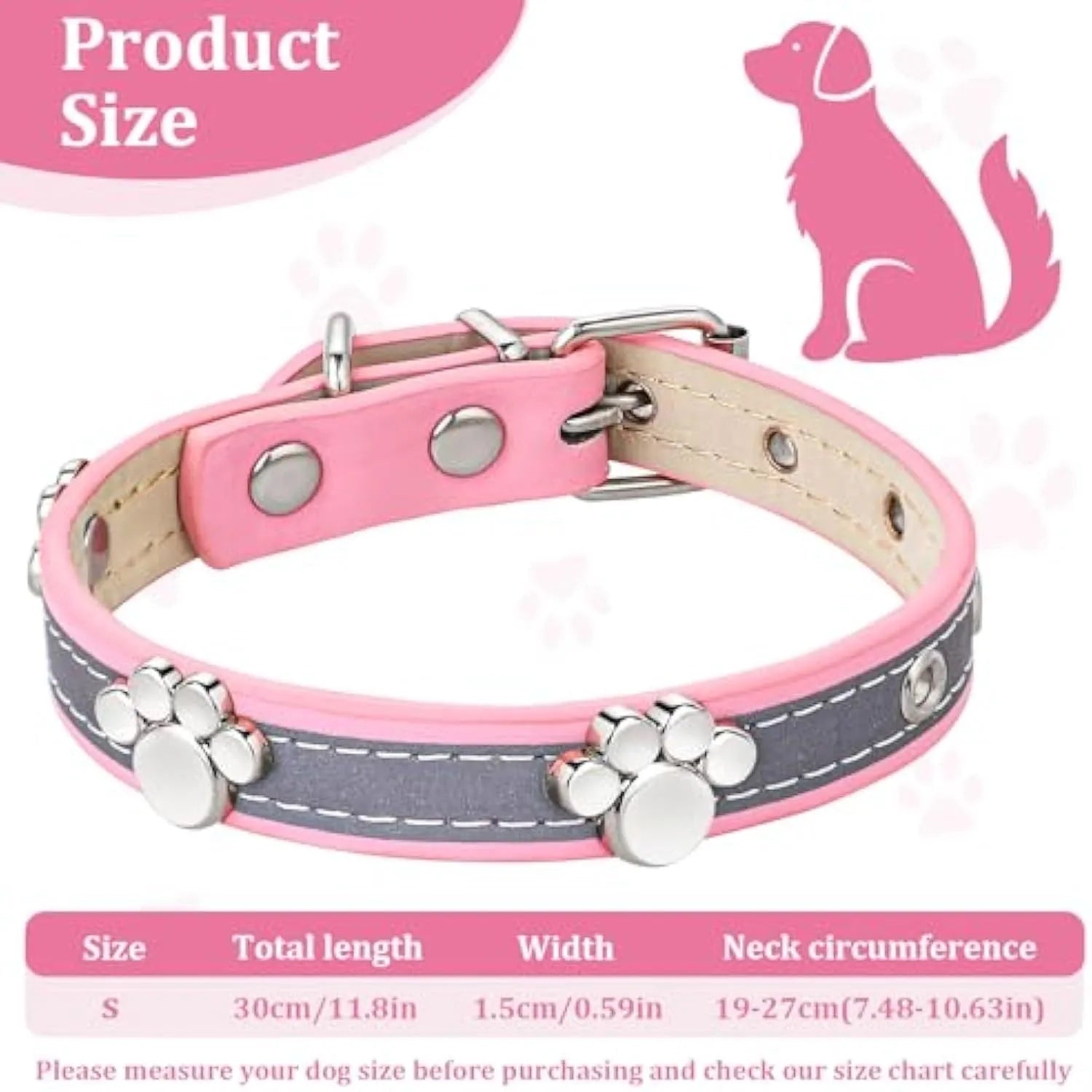 Reflective adjustable PU leather dog collar with metal buckle and decorative paw rivet.