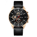 Men's casual watch with date window on dial, available in black leather strap with rose gold case and other colour combinations.