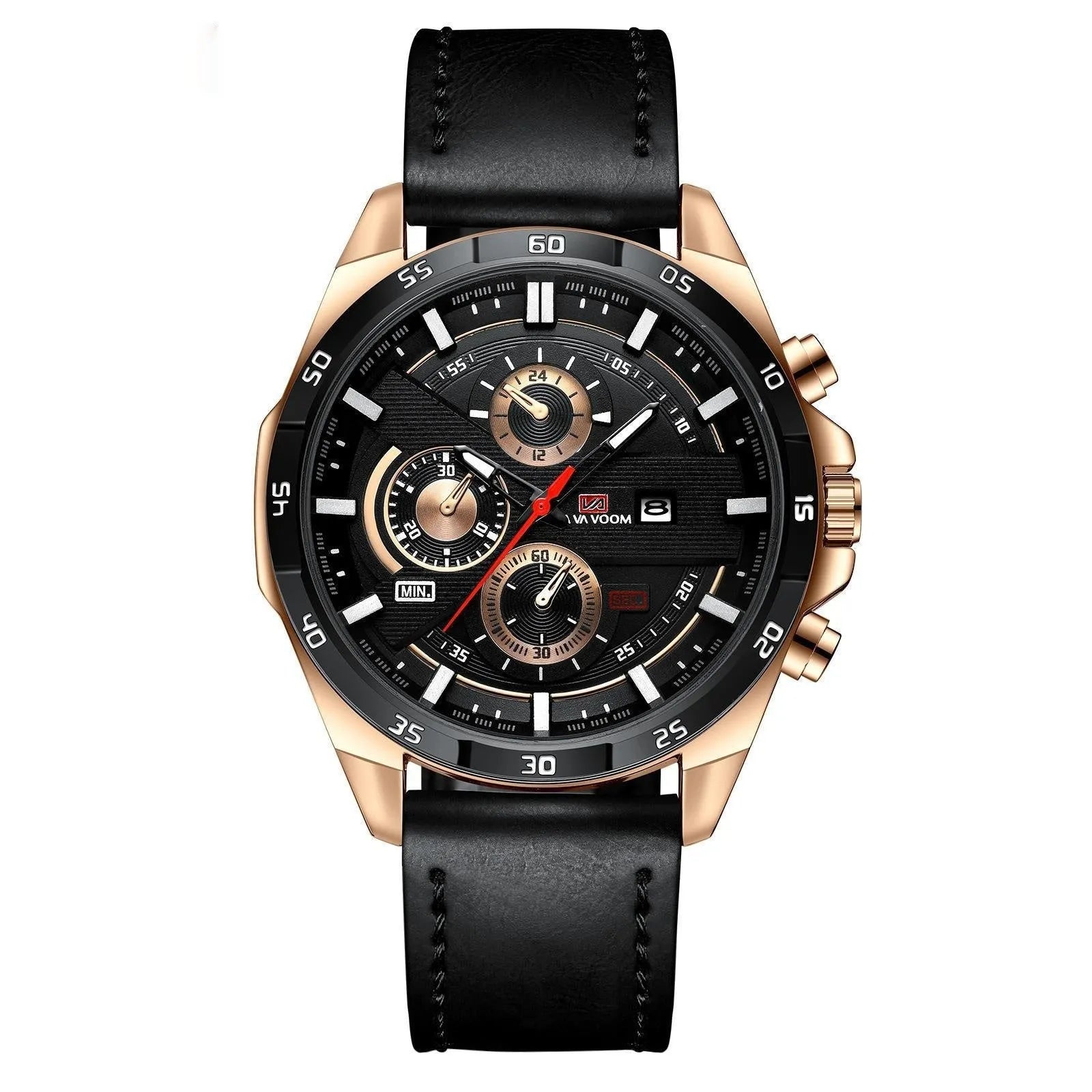 Men's casual watch with date window on dial, available in black leather strap with rose gold case and other colour combinations.