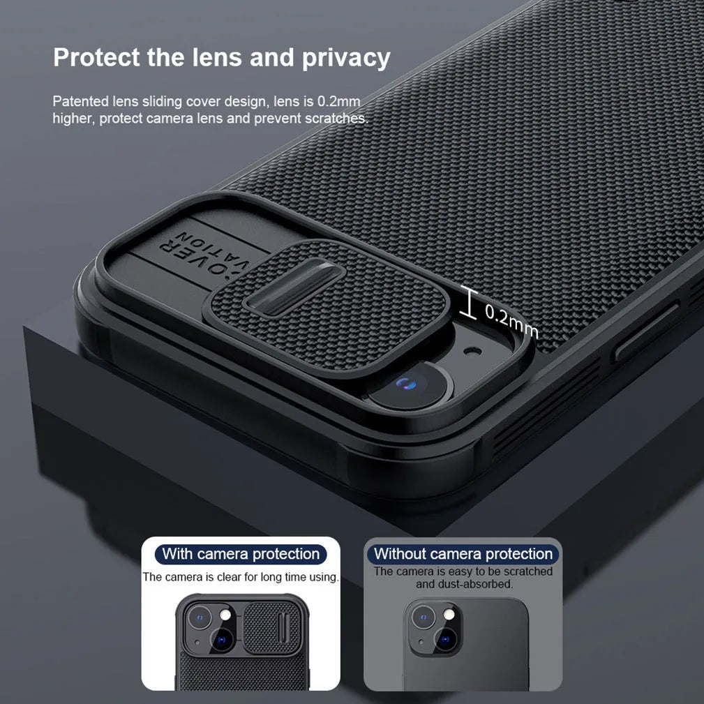 Black textured sliding back cover phone case for Apple iPhone 13 Pro Max.