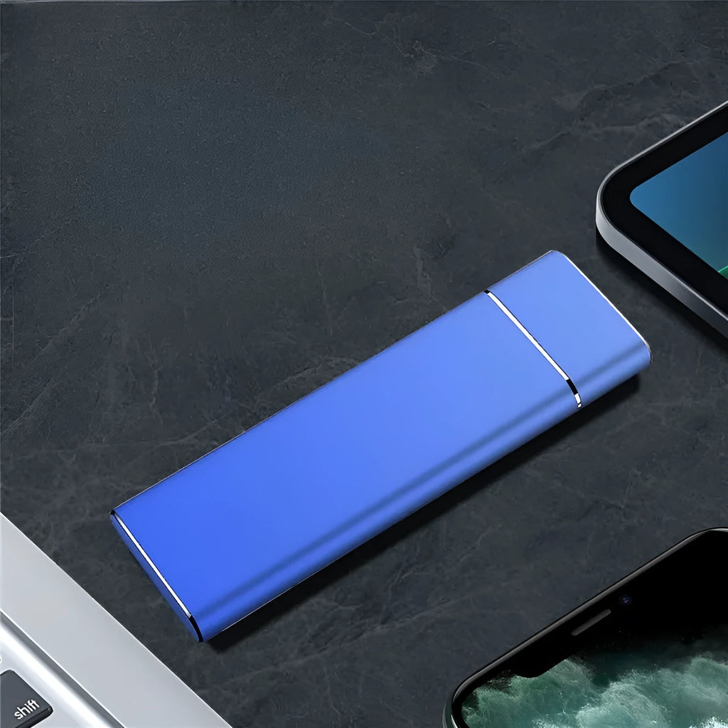 Sapphire blue portable solid state external hard drive with USB cable