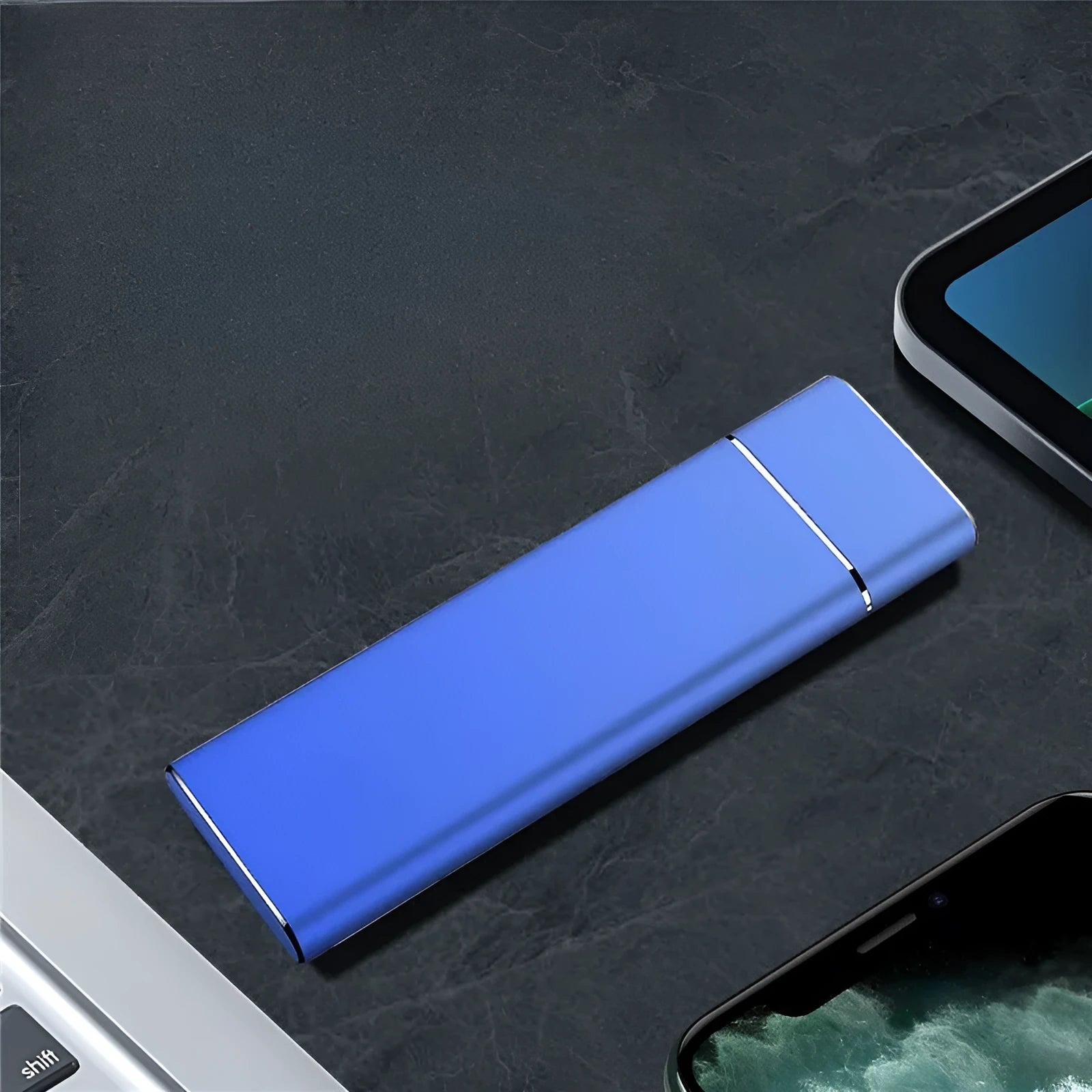 Sapphire blue portable solid state external hard drive with USB cable