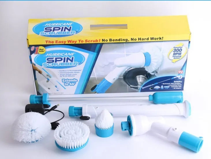 Blue rechargeable electric cleaning brush with retractable handle, three brush heads, and cordless spin scrubber design