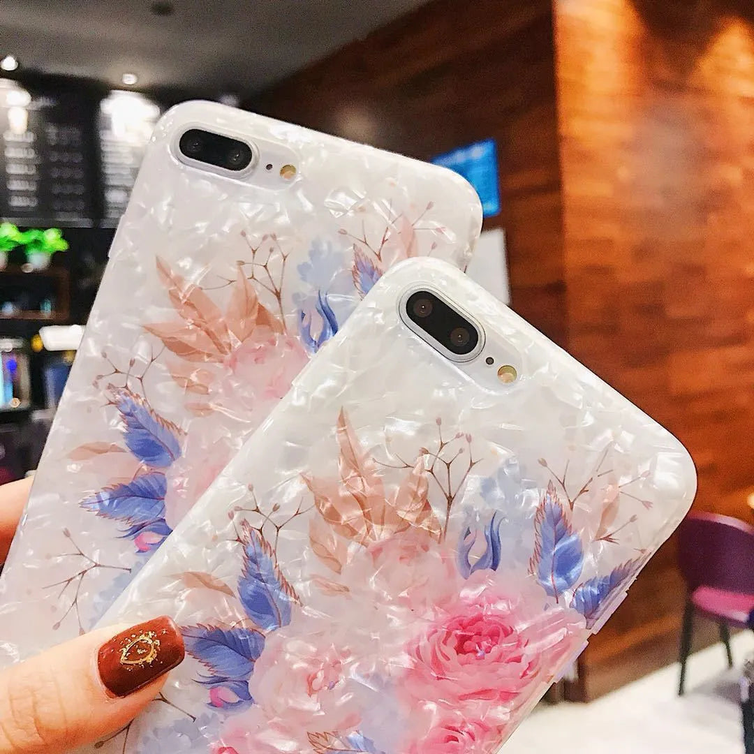 Dream Shell soft TPU silicone iPhone case with rose flower back design in brown purple white colours