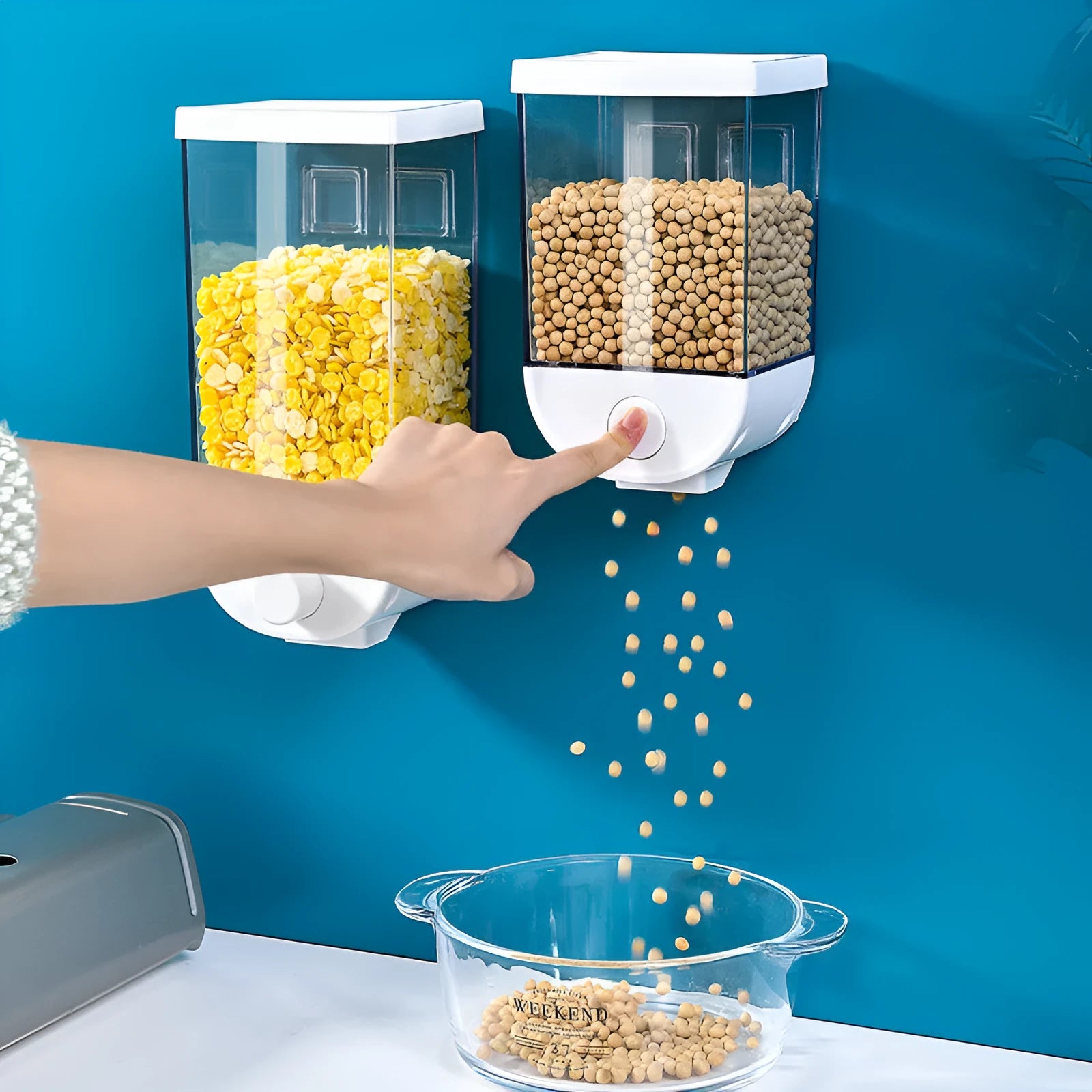 White wall-mounted transparent food storage container with cereal dispenser lid