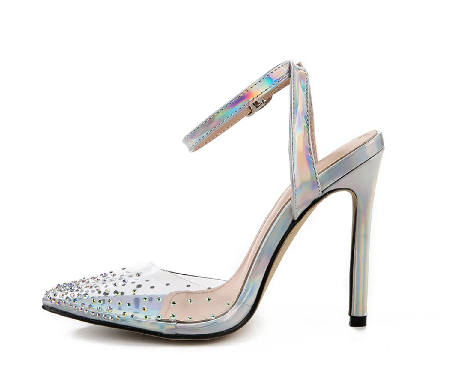 Women's pointed toe stiletto sandals with crystal diamond decoration on a PVC upper.