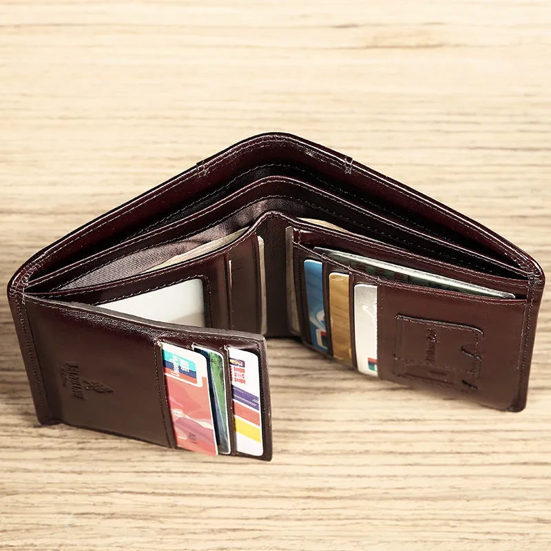 Men's black genuine leather bifold wallet open, showing eight card slots and a zipped coin compartment.